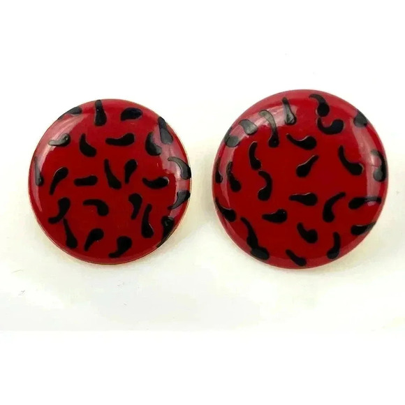 VTG Red Enamel Splatter Round Earrings Unique Gold Tone - Picture 4 of 6